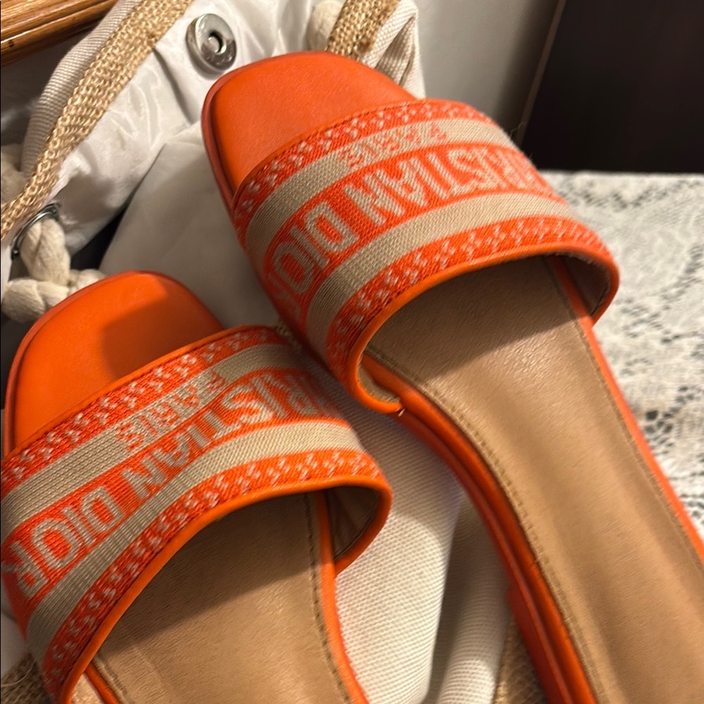 Dior Orange Canvas Logo Slide Sandals with Tan Footbed and Orange Trim - Picture 7 of 7